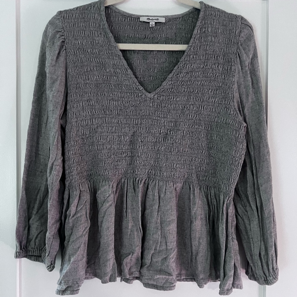Madewell Light Blue Grey Long Sleeve Ruched Top Size Large